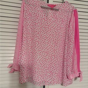 Lilly Pulitzer Pink and White Polka Dot V-Neck Blouse with Tie Cuffs